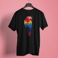 Bright scarlet macaw parrot with red, yellow and blue feathers on a black t-shirt