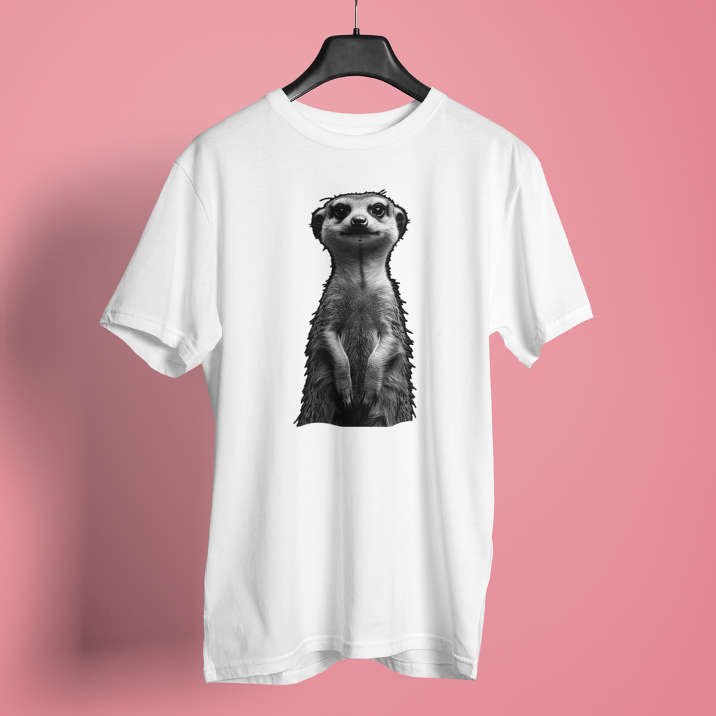 white t-shirt curious meerkat standing upright with big eyes