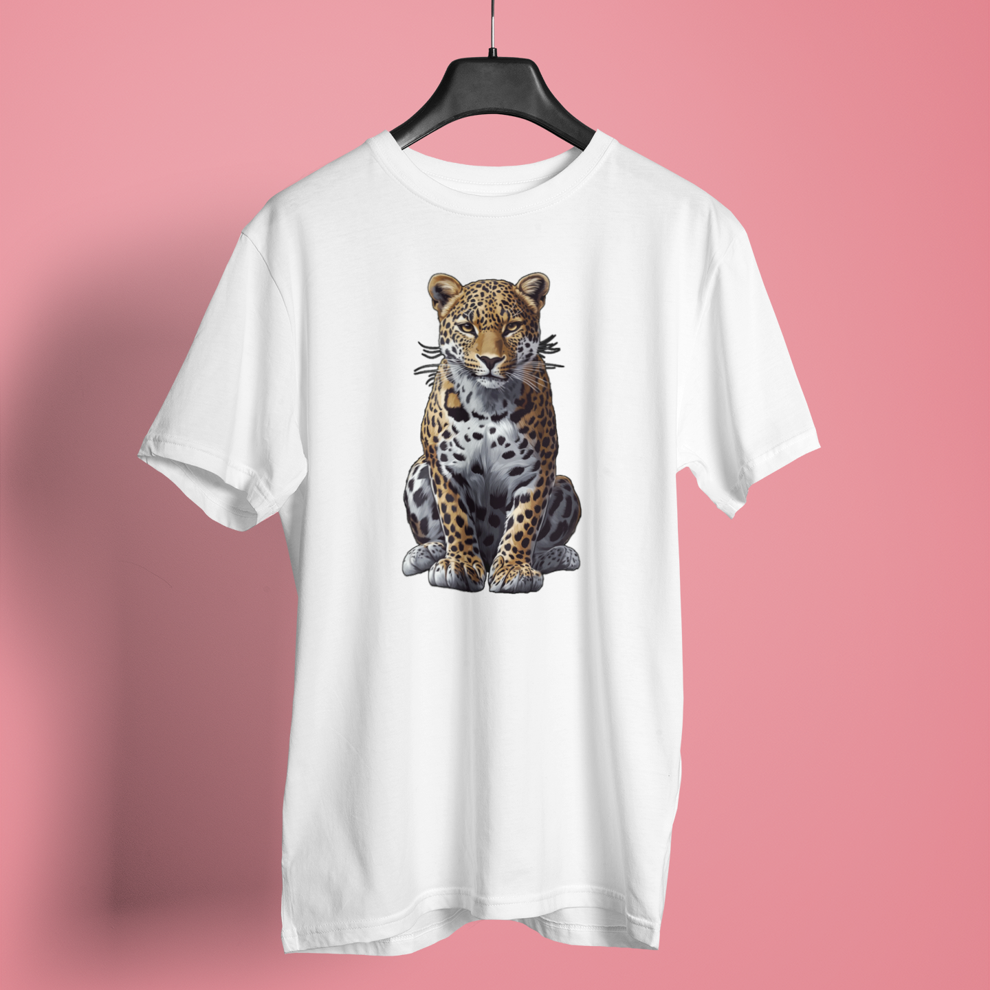 Detailed illustrated leopard sitting front-facing with golden spotted fur white t-shirt