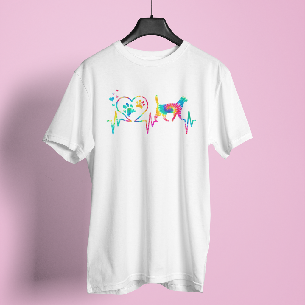 White t-shirt with colorful design on a pink background