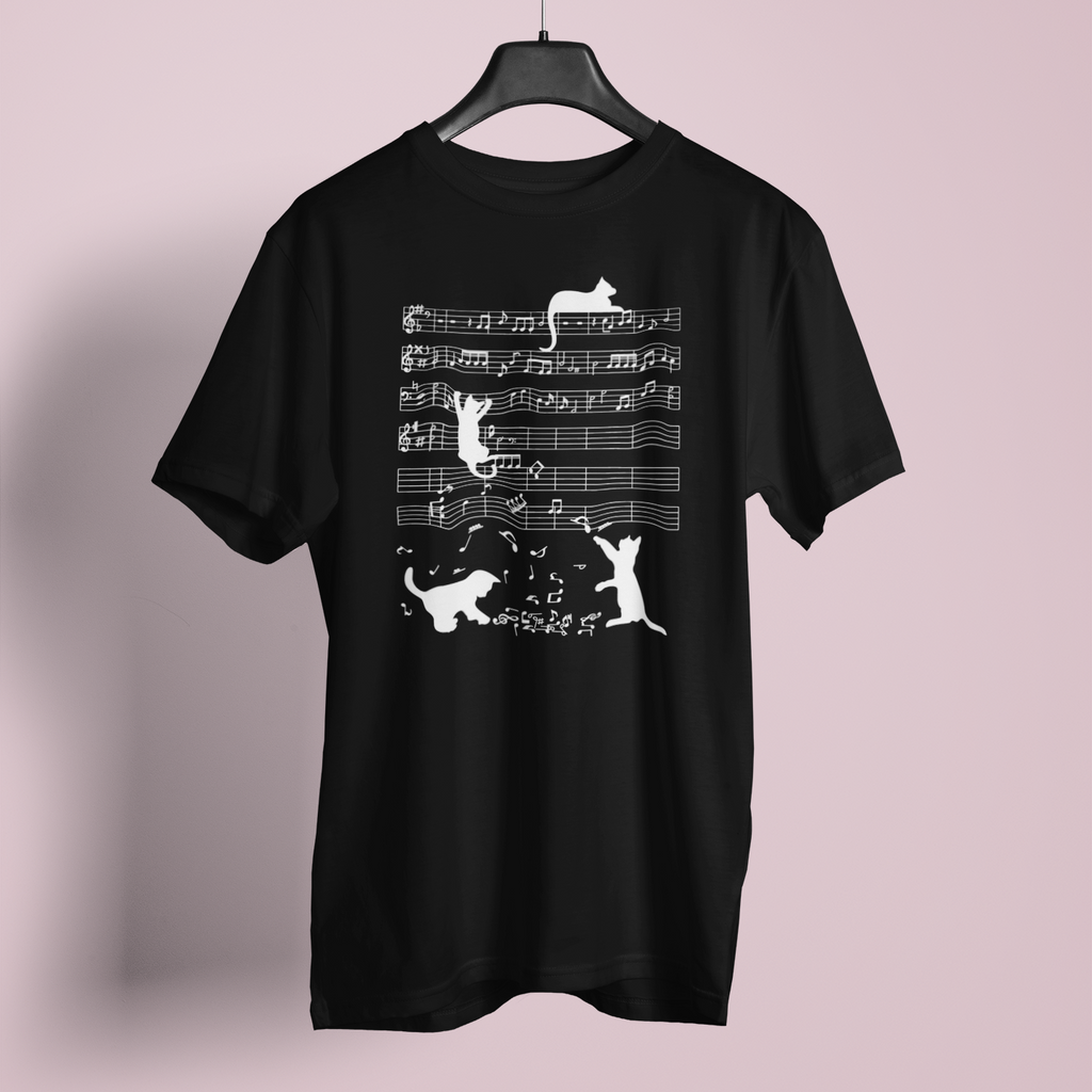 Black t-shirt with a graphic design and text on a hanger against a white background