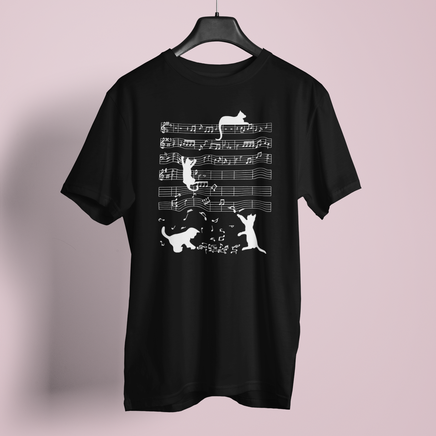 Black t-shirt with a graphic design and text on a hanger against a white background