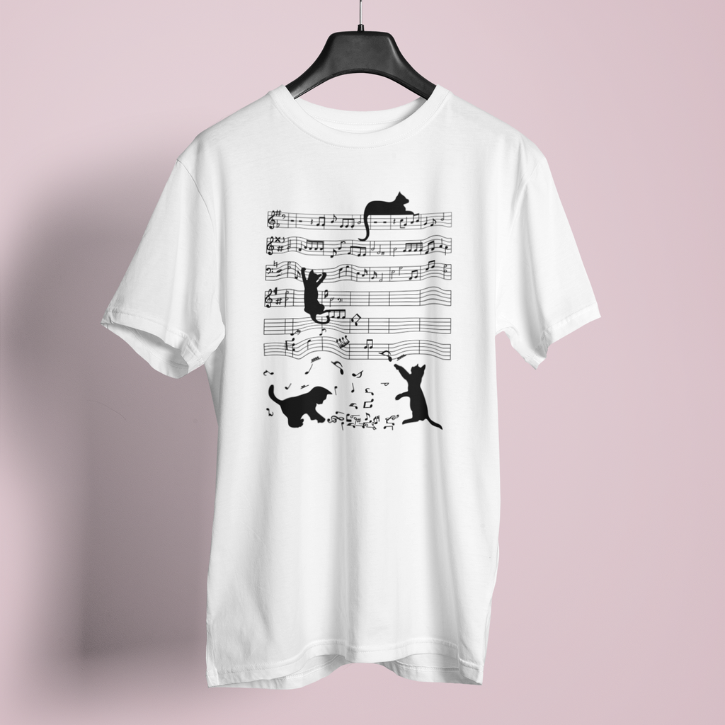 White t-shirt with black cat and music note design on a pink background
