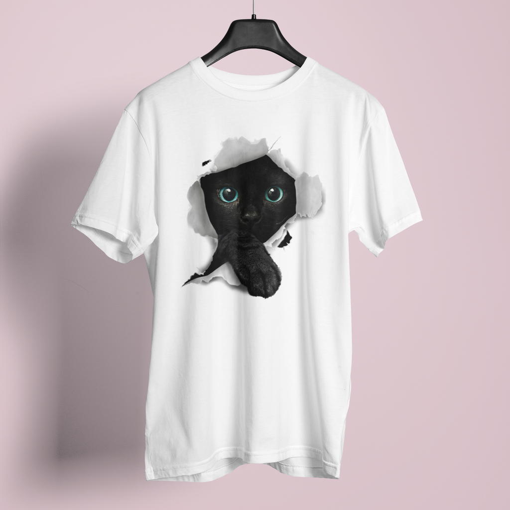 White t-shirt with a black cat graphic on a pink background
