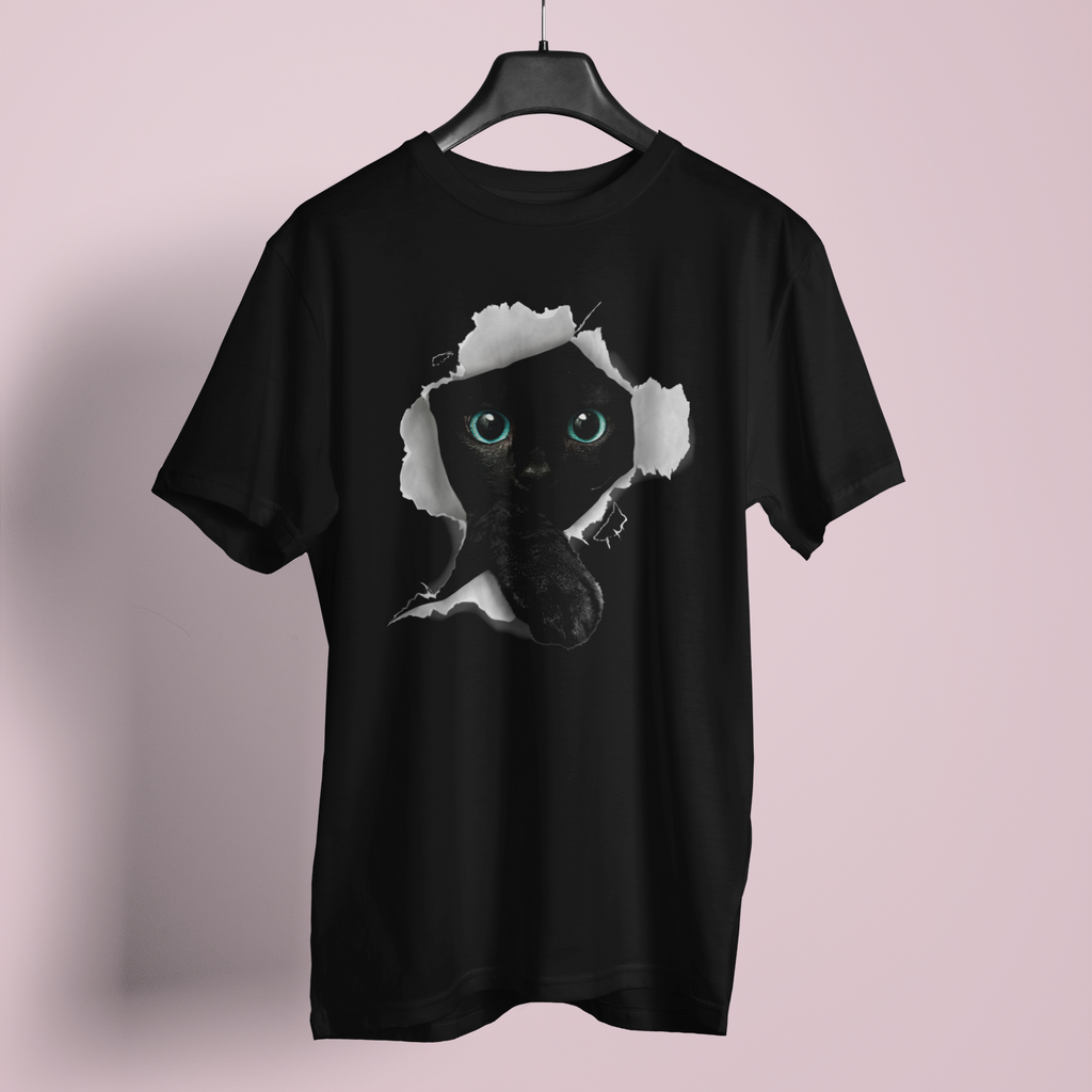 Black t-shirt with a logo on a hanger against a gray background