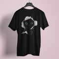 Black t-shirt with a logo on a hanger against a gray background