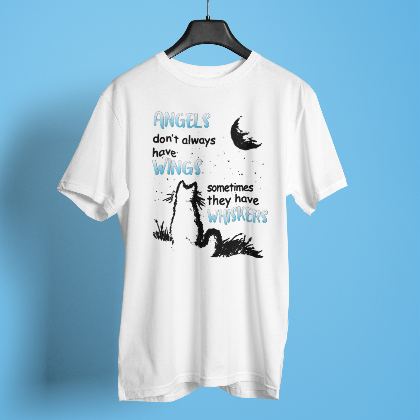 White t-shirt with a graphic design and text on a blue background