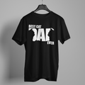 Black t-shirt with 'Best Cat Dad Ever' text on a hanger against a gray background