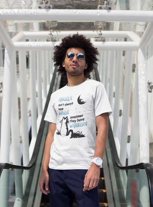 Man wearing a white t-shirt with graphic design and sunglasses, standing on a modern architectural background.