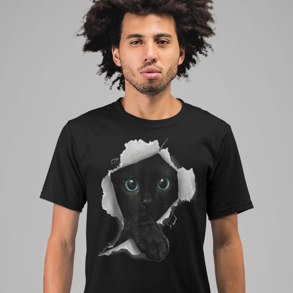 Man wearing a black t-shirt with a graphic of a cat's face.