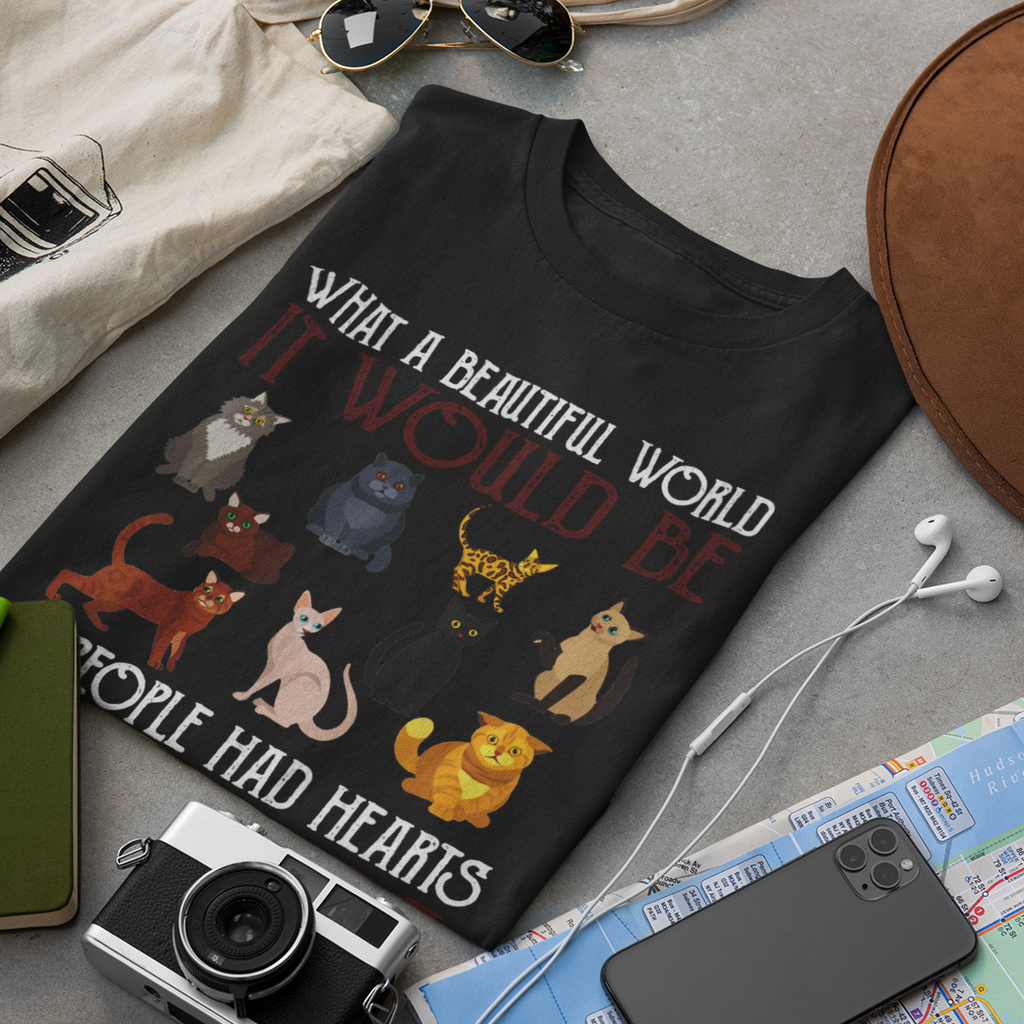 What A Beautiful World Hearts Like Cats - Unisex T-Shirt