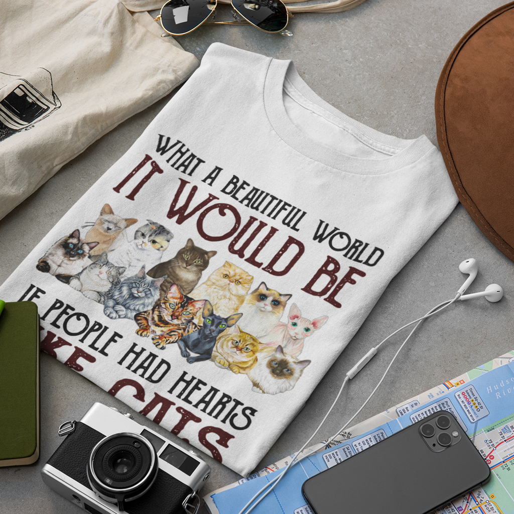 What A Beautiful World Hearts Like Cats - Unisex T-Shirt