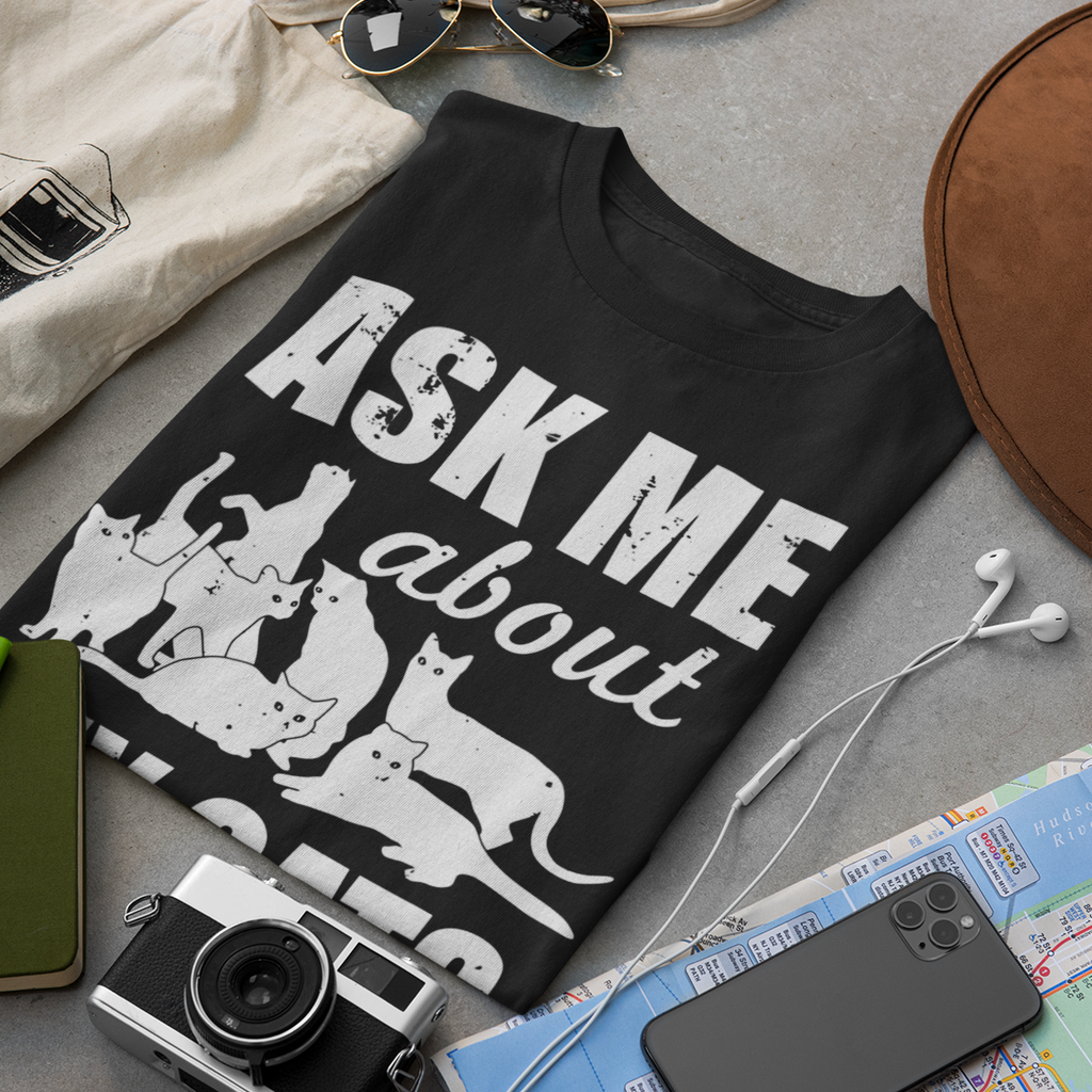 Black t-shirt with white text and graphics.
